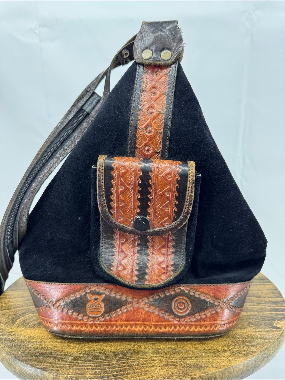 Vintage Handmade Bolivian Black Brown Leather Convertible Shoulder Backpack Bag